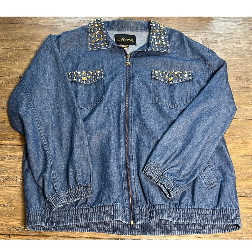Mureli Vintage Denim Jacket Studded Star Rhinestone Jean Bomber Womens Large